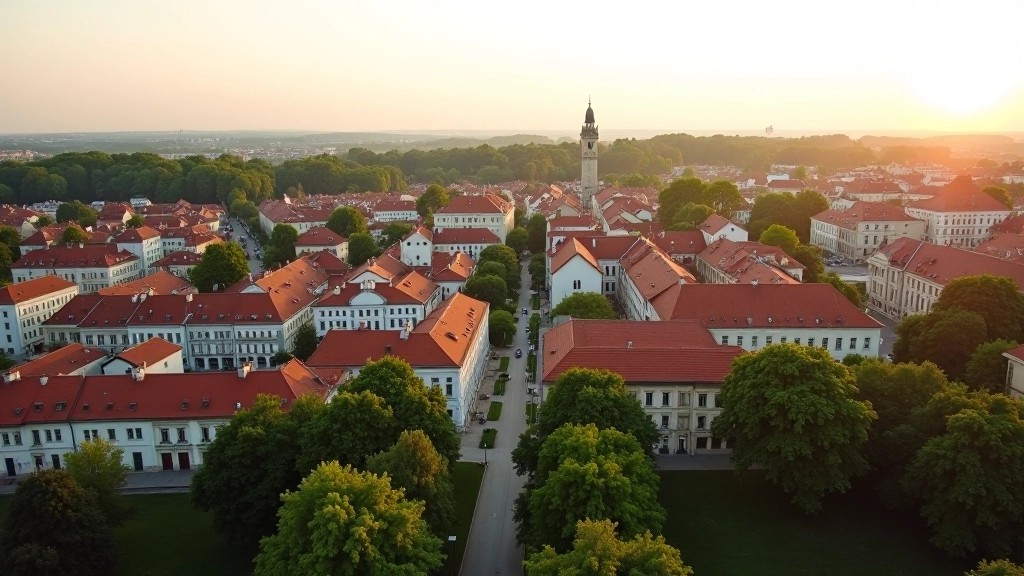 Vilniaus senojo miesto peizažas su istoriniais pastatais ir žaliais parkai